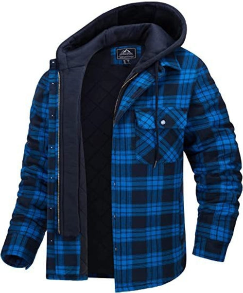 Men's Plaid Hooded Coat Winter Warm Button Zip-up Jacket Fashion