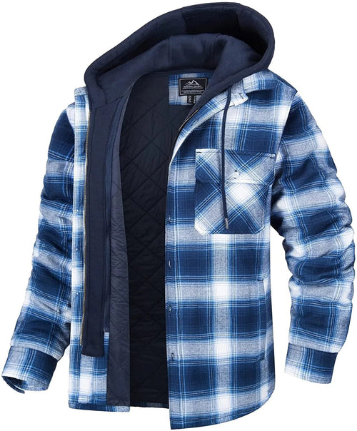Men's Plaid Hooded Coat Winter Warm Button Zip-up Jacket Fashion