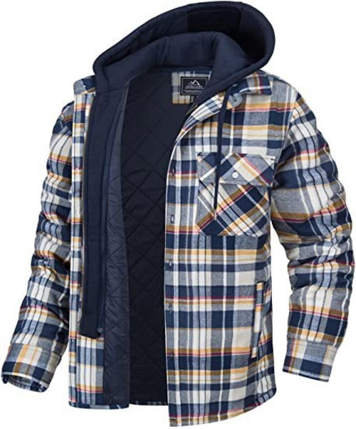 Men's Plaid Hooded Coat Winter Warm Button Zip-up Jacket Fashion