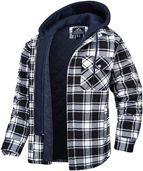 Men's Plaid Hooded Coat Winter Warm Button Zip-up Jacket Fashion