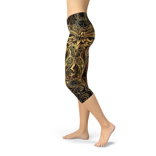 MarauderFashionDesign -Womens Golden Ornament Owl Capri Leggings