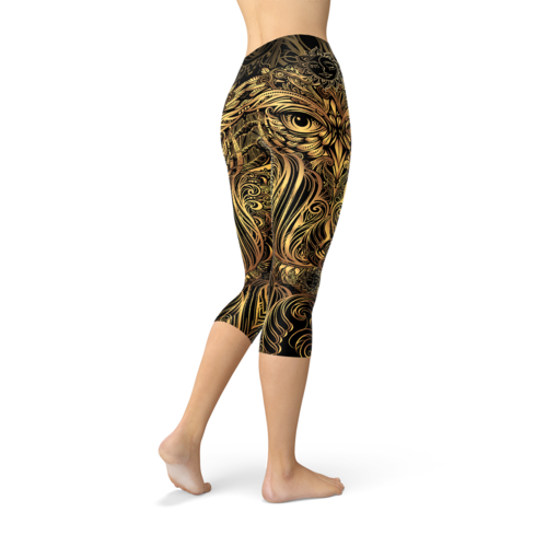 MarauderFashionDesign -Womens Golden Ornament Owl Capri Leggings