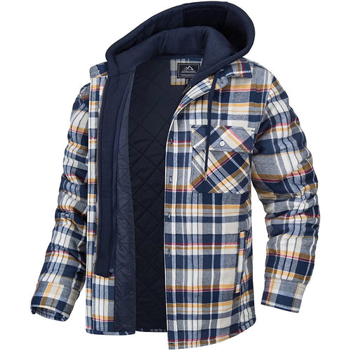 Men's Plaid Hooded Coat Winter Warm Button Zip-up Jacket Fashion