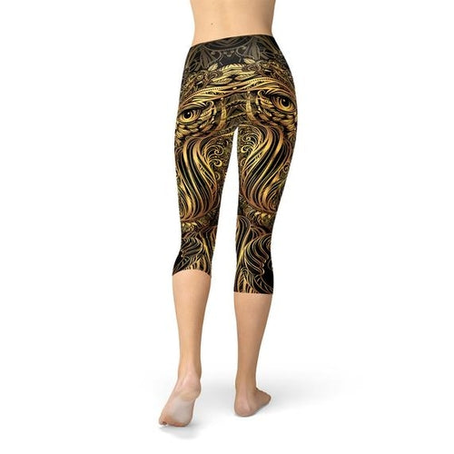 MarauderFashionDesign -Womens Golden Ornament Owl Capri Leggings