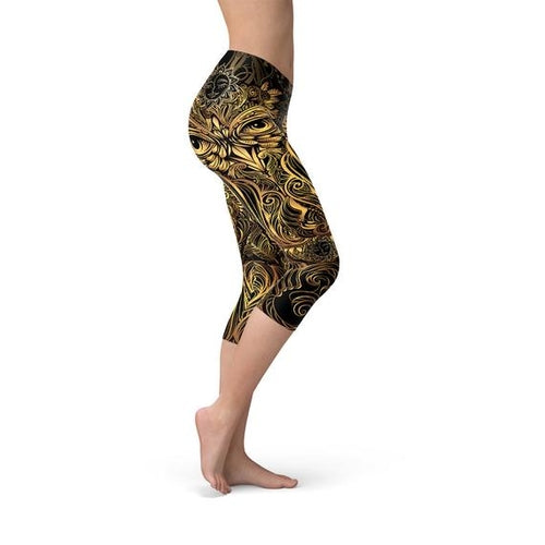 MarauderFashionDesign -Womens Golden Ornament Owl Capri Leggings
