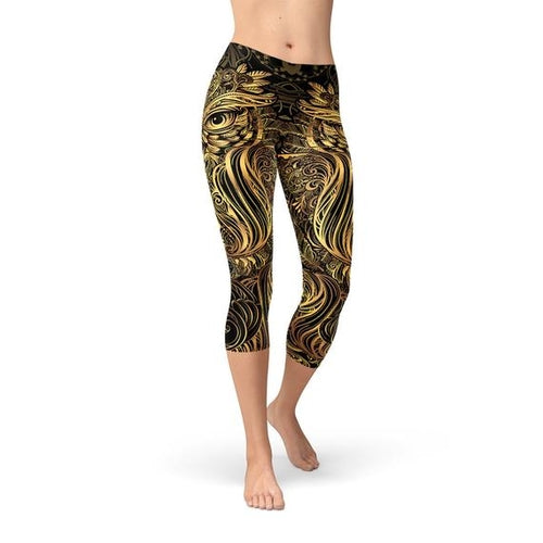 MarauderFashionDesign -Womens Golden Ornament Owl Capri Leggings